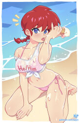 1girl artist_name beach bikini bikini_under_clothes blue_eyes blush braid braided_ponytail breasts cleavage clothes_writing collarbone commentary english_commentary fingernails food gluteal_fold hand_on_ground hand_up highres ice_cream kajin_(kajinman) kneeling large_breasts licking looking_at_viewer melting messy multiple_moles notice_lines patreon_username pink_bikini ranma-chan ranma_1/2 red_hair see-through_clothes see-through_shirt shiny_skin shirt short_hair side-tie_bikini_bottom single_braid skindentation solo sparkle sparkling_aura strap_slip summer swimsuit t-shirt thighs tied_shirt tongue water