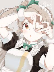 1girl absurdres aguri_(aguri0406-aoi) apron bow breasts brown_eyes brown_hair commentary_request green_bow hair_bow heart heart_hands highres long_hair looking_at_viewer love_live! love_live!_school_idol_project maid maid_apron maid_headdress minami_kotori mogyutto_&quot;love&quot;_de_sekkin_chuu! one_eye_closed open_mouth puffy_short_sleeves puffy_sleeves short_sleeves solo watermark wrist_cuffs