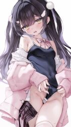 Rule 34 | 1girl, black hair, black one-piece swimsuit, blush, bow, bowtie, breasts, cardigan, clothes pull, commentary request, covered navel, groin, highres, long hair, looking at viewer, one-piece swimsuit, one-piece swimsuit pull, open cardigan, open clothes, open mouth, open skirt, original, pink cardigan, skirt, small breasts, solo, sweat, swimsuit, swimsuit under clothes, thighhighs, two side up, undressing, yunmi 0527