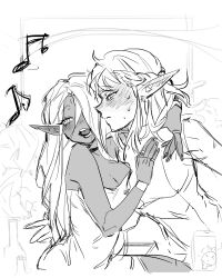 2girls arm_around_neck beamed_sixteenth_notes blush bracelet braid breasts cithis cleavage dark-skinned_female dark_skin dungeon_meshi eighth_note elf hair_over_one_eye half_up_braid highres jewelry kazari_2001 monochrome multiple_girls musical_note open_mouth pattadol pointy_ears ring sketch yuri