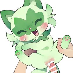 1boy 1girl absurdres animal_ears bar_censor bestiality blush cat_ears cat_tail censored closed_eyes creatures_(company) fang game_freak gen_9_pokemon green_fur hetero highres nintendo open_mouth penis pokemon pokemon_(creature) pokephilia pussy sex spread_legs sprigatito tail vaginal veins veiny_penis white_background youjo_modoki