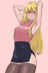 1girl absurdres arm_up armpits arms_behind_head blonde_hair breasts brown_thighhighs commentary ernez_(jerukperaz) hair_ornament heart heart-shaped_pupils heart_hair_ornament high-waist_skirt highres long_hair medium_breasts miniskirt multicolored_hair orange_hair original pink_eyes side_slit signature skirt sleeveless sleeveless_turtleneck solo streaked_hair symbol-shaped_pupils thighhighs turtleneck two-tone_hair zettai_ryouiki