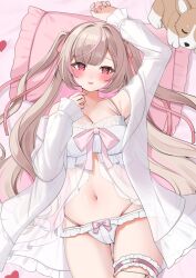 1girl blonde_hair blush bow bra breasts cleavage dog frills hair_ornament hair_ribbon highres jewelry kuroyuki_0713 long_hair looking_at_viewer medium_breasts navel open_mouth original panties pink_bow pink_hair red_eyes ribbon see-through_clothes shirt smile solo stomach thighlet underwear white_bra white_panties white_shirt