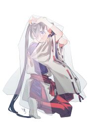 1boy androgynous bishounen black_hair from_side full_body hakama hakama_pants highres houjou_tokiyuki_(nige_jouzu_no_wakagimi) japanese_clothes kariginu kneeling kuromiya_yuneko long_hair looking_at_viewer male_focus motoyui nige_jouzu_no_wakagimi pants parted_bangs ponytail purple_eyes red_hakama red_sash sash sidelocks_tied_back simple_background socks solo trap veil very_long_hair white_background white_socks white_veil