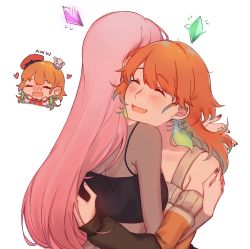 2girls beret blush chef_hat commentary ear_blush english_commentary english_text closed_eyes flying_sweatdrops gameplay_mechanics hat highres hololive hololive_english hug long_hair mini_hat mori_calliope multiple_girls orange_hair parted_lips pink_hair takanashi_kiara the_sims virtual_youtuber yukari_(bryleluansing)