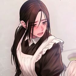 1girl anna_(lily_of_the_valley) apron artist_request black_dress blush brown_hair collared_shirt dress emotional flower frills indoors korean_webtoon_style lily_of_the_valley long_hair looking_to_the_side maid parted_lips shirt solo source_request upper_body white_apron