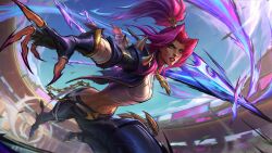 absurdres arena bandaged_chest fingernails highres kalista league_of_legends league_of_legends:_wild_rift navel pink_hair polearm ponytail sharp_fingernails shoulder_spikes soul_fighter_(league_of_legends) spear spikes throwing_spear weapon