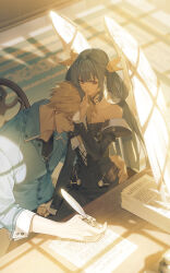 1boy 1girl angel_wings bare_shoulders belt bird black_choker black_dress blonde_hair blue_hair blue_shirt choker closed_eyes collarbone dappled_sunlight desk detached_sleeves dizzy_(guilty_gear) dress finger_to_mouth floor guilty_gear guilty_gear_xrd hair_ribbon hair_rings highres honey_dogs husband_and_wife indoors ky_kiske long_hair paper quill red_eyes resting ribbon shaded_face shirt short_hair shushing sidelocks sitting sitting_on_lap sitting_on_person sleeping sleeping_on_person sunlight twintails wings yellow_ribbon