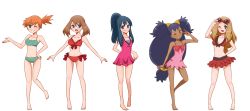 5girls aqua_eyes barefoot bikini bikini_skirt blonde_hair blue_eyes blue_hair bow breasts brown_hair clothes_lift dark-skinned_female dark_skin dawn_(pokemon) eyewear_on_head frilled_skirt frills hand_on_own_hip highres iris_(pokemon) licking_lips long_hair looking_at_viewer may_(pokemon) mikeko_(neko19920311) misty_(pokemon) monochrome_background multiple_girls nintendo official_alternate_costume one-piece_swimsuit one_eye_closed orange_hair pink_one-piece_swimsuit pokemon pokemon:_arceus_and_the_jewel_of_life pokemon_(anime) pokemon_(classic_anime) pokemon_bw087 pokemon_bw_(anime) pokemon_dppt_(anime) pokemon_hoso_(anime) pokemon_hs02 pokemon_ranger_and_the_temple_of_the_sea pokemon_rse_(anime) pokemon_xy_(anime) ponytail purple_hair red_bow serena_(pokemon) short_hair side-tie_bikini_bottom side_ponytail simple_background skirt skirt_lift striped_bikini striped_clothes sunglasses swimsuit tongue tongue_out transparent_background v very_long_hair white_background yellow_eyes