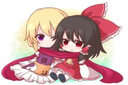 2girls ascot blonde_hair bow brown_hair closed_mouth commentary_request detached_sleeves frilled_bow frilled_hair_tubes frills hair_bow hair_tubes hakurei_reimu long_hair long_sleeves multiple_girls no_headwear one_eye_closed purple_eyes purple_tabard red_bow red_eyes red_scarf red_skirt ribbon-trimmed_sleeves ribbon_trim scarf shared_clothes shared_scarf shiohachi sitting skirt skirt_set smile tabard touhou yakumo_yukari yellow_ascot yin_yang yin_yang_print yuri