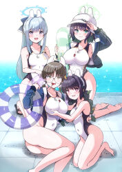 Rule 34 | 4girls, absurdres, black hair, black one-piece swimsuit, blue archive, blue halo, braid, breasts, brown eyes, brown hair, candy, combat helmet, competition swimsuit, covered navel, cropped jacket, food, green eyes, green halo, grey hair, grey halo, halo, helmet, highleg, highleg one-piece swimsuit, highres, jacket, large breasts, leaf, leaf on head, lollipop, long hair, long sleeves, looking at viewer, low twin braids, low twintails, medium breasts, miyako (blue archive), miyu (blue archive), moe (blue archive), multiple girls, one-piece swimsuit, open clothes, open jacket, ponytail, pool, poolside, purple eyes, rabbit platoon (blue archive), red eyes, round eyewear, saki (blue archive), sarfata, short hair, sidelocks, small breasts, stahlhelm, swimsuit, twin braids, twintails, two-tone swimsuit, very long hair, whistle, whistle around neck, white helmet, white one-piece swimsuit, yellow halo