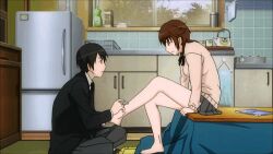 amagami bakadere bare_legs barefoot clipping_nails couple embarrassed feet foot_grab indoors kneeling legs messy_hair nail_clippers nervous_smile sakurai_rihoko sitting skirt smile sweater tachibana_jun&#039;ichi toes