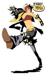 Rule 34 | 1boy, black shirt, black shorts, brown shoes, crop top, english text, fingerless gloves, fox mask, full body, fumiddition, fur-trimmed gloves, fur-trimmed shirt, fur-trimmed shorts, fur trim, gloves, grey pants, grin, highres, looking at viewer, male focus, mask, mask on head, midriff, navel, pants, pants under shorts, ragnarok online, red eyes, red hair, red shirt, shirt, shoes, short hair, shorts, simple background, sleeveless, sleeveless shirt, smile, sniper (ragnarok online), solo, two-tone shirt, v-shaped eyebrows, walking, white background, yellow gloves, yellow shirt