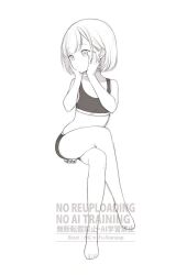 1girl barefoot crossed_legs expressionless flat_chest full_body greyscale highres kanya_pyi looking_at_viewer looking_to_the_side monochrome navel original panties short_hair sitting solo sports_bra sports_panties underwear