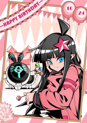 1girl absurdres adapted_costume ahoge aotu_world balloon banner black_hair blue_eyes blunt_bangs candy chinese_commentary closed_mouth flower food gift hair_ornament hand_on_own_cheek hand_on_own_face happy_birthday highres holding holding_candy holding_food holding_lollipop hood hood_down hooded_jacket jacket kaili_(aotu_world) lollipop long_hair looking_at_viewer non-humanoid_robot official_art pink_flower pink_jacket pointy_ears qi_chuang_she robot robots_(aotu_world) sidelocks sitting smile solo star_(symbol) star_hair_ornament