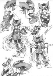 1girl android bliss_zero_(mega_man) blonde_hair bodysuit cyber_elf_x_(mega_man) full_body genderswap genderswap_(mtf) greyscale helmet long_hair mega_man_(series) mega_man_zero_(series) monochrome multiple_views stuffed_toy very_long_hair x_(mega_man) yuriyuri_(ccc) zero(z)_(mega_man) zero_(mega_man)