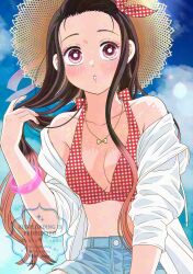 1girl bikini bikini_top_only blue_shorts blush breasts brown_hair crop_top gold_bow hair_ribbon hat highres jacket jewelry kamado_nezuko kapibarand1 kimetsu_no_yaiba long_hair long_sleeves medium_breasts midriff multicolored_bikini multicolored_hair necklace open_clothes open_jacket orange_hair pink_eyes red_bikini ribbon shorts solo straw_hat striped_ribbon swimsuit white_bikini white_jacket