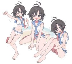 1girl antenna_hair arm_up bare_arms bare_legs barefoot bikini black_eyes black_hair blue_neckerchief blue_sailor_collar blush bow bow_bikini full_body grin hands_on_ground highres idolmaster idolmaster_(classic) kikuchi_makoto knees_up looking_at_viewer multiple_views navel neckerchief open_mouth pnt_0202 sailor_bikini sailor_collar sailor_swimsuit_(idolmaster) short_hair sitting smile swimsuit wet white_background white_bikini