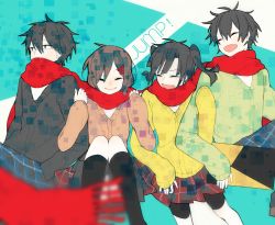 2boys 2girls black_hair closed_eyes duripu enomoto_takane kagerou_project kisaragi_shintarou kokonose_haruka long_hair multicolored_pants multiple_boys multiple_girls pants plaid_clothes plaid_pants plaid_skirt scarf school_uniform shared_clothes shared_scarf short_hair skirt smile tateyama_ayano twintails vocaloid yamaha