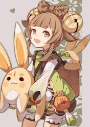 1girl :d backpack_basket bag basket bell bloomers blunt_bangs blush bow bow-shaped_hair braid brown_dress brown_eyes brown_hair commentary cowboy_shot dress eyelashes genshin_impact gradient_sleeves green_background green_jacket grey_background hair_bell hair_ornament heart highres holding holding_stuffed_toy jacket jingle_bell long_sleeves looking_at_viewer medium_hair open_mouth orange_bow popiahpot puffy_long_sleeves puffy_sleeves radish sidelocks simple_background smile solo stuffed_animal stuffed_rabbit stuffed_toy symbol-only_commentary tassel underwear white_bloomers yaoyao_(genshin_impact) yuegui_(genshin_impact)
