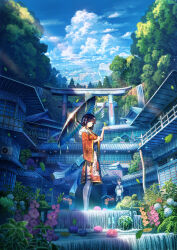 1girl 2girls ahoge architecture bird bird_on_hand black_hair blunt_bangs bob_cut building cloud commentary_request cumulonimbus_cloud east_asian_architecture flower forest green_bird hair_ornament highres holding holding_umbrella japanese_clothes kimono leaf multiple_girls nature oil-paper_umbrella orange_kimono original outdoors scenery short_hair shuu_illust sky solo standing summer torii tree umbrella water waterfall yukata