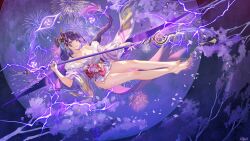 1girl atdan bare_legs bare_shoulders barefoot breasts cleavage electricity engulfing_lightning_(genshin_impact) genshin_impact hair_ornament highres holding holding_polearm holding_weapon japanese_clothes kimono large_breasts long_braid long_hair long_sleeves looking_at_viewer naginata nail_polish navel off_shoulder open_clothes open_kimono open_mouth polearm purple_eyes purple_hair purple_kimono purple_nails raiden_shogun smile solo toenail_polish toenails very_long_hair weapon
