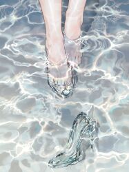 1girl cinderella cinderella_(grimm) commentary_request feet foot_focus footwear_focus high_heels highres left_shoe_removed nnnyj see-through_clothes see-through_footwear shoes single_bare_foot single_shoe soaking_feet solo stiletto_heels toes twitter_username unworn_shoe water watermark