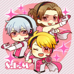 Rule 34 | 3boys, :d, :o, belt, blonde hair, brown hair, chibi, chibi only, commentary request, cropped torso, diagonal-striped background, elbow gloves, energy gun, facial hair, gloves, grey hair, group name, gun, half updo, hazama michio, holding, holding gun, holding weapon, idolmaster, idolmaster side-m, kinococcos, long hair, maita rui, male focus, multiple boys, mustache stubble, one eye closed, open mouth, s.e.m (idolmaster), short hair, side cape, smile, sparkle, striped background, stubble, v, w, weapon, white gloves, yamashita jiro