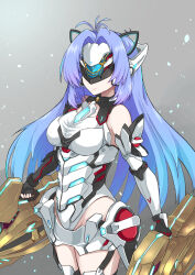 1girl adapted_costume android blue_hair breasts closed_mouth commentary_request covered_eyes forehead_protector garter_straps gradient_background gradient_hair grey_background highres holding holding_weapon kos-mos kos-mos_re: large_breasts long_hair makibane_(mkbane) multicolored_hair smile solo standing weapon xenoblade_chronicles_(series) xenoblade_chronicles_2