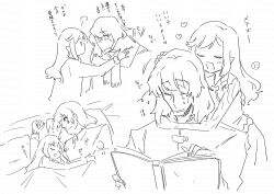 1boy 1girl :d absurdres bare_arms bare_shoulders bed_sheet blush book closed_eyes curse_maker curse_maker_1 doctor_magus doctor_magus_4 dress etrian_odyssey fringe_trim greyscale heart highres holding holding_book hug hug_from_behind long_hair monochrome nikki_kyousuke open_book open_mouth pillow pointy_ears ringlets scarf simple_background sleeping_together sleeveless sleeveless_dress smile translation_request under_covers very_long_hair white_background |_|