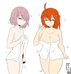 Rule 34 | breasts, convenient censoring, covering breasts, covering privates, fate/grand order, fate (series), fujimaru ritsuka (female), gluteal fold, large breasts, mash kyrielight, medium breasts, nude, partially visible vulva, ran sk, short hair, simple background, smile, sweat, towel, white background