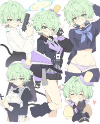 1girl 1other absurdres arm_behind_head arm_up black_dress black_gloves black_jacket black_sailor_collar black_serafuku black_shirt black_skirt black_socks blue_archive blush bow bow_panties closed_eyes closed_mouth clothes_pull collared_shirt commentary cross dress fingerless_gloves glasses gloves green_eyes green_hair groin gun halo heart highres holding holding_gun holding_weapon jacket juliet_sleeves latin_cross long_sleeves loose_socks millennium_science_school_logo multiple_views navel off_shoulder open_clothes open_jacket pandoria_(xenoblade) panties parted_lips pinstripe_pattern pinstripe_shirt pointy_ears puffy_long_sleeves puffy_sleeves sailor_collar school_uniform serafuku shirt simple_background skirt skirt_pull smile socks standing standing_on_one_leg striped_clothes striped_panties tail toki0830 underwear weapon white_background white_shirt xenoblade_chronicles_(series) xenoblade_chronicles_2