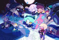 4girls 6+boys :d absurdres adam_smasher aqua_hair blonde_hair brown_hair car character_request chibi chibi_only colored_skin cyberpunk_(series) cyberpunk_edgerunners cyborg david_martinez dorio_(cyberpunk) facial_hair falco_(cyberpunk) faraday_(cyberpunk) full_moon gloria_martinez grey_hair grey_skin gun highres holding holding_gun holding_weapon jimmy_kurosaki julio_(cyberpunk) katsuo_tanaka kiwi_(cyberpunk) long_hair looking_at_another looking_at_viewer lucy_(cyberpunk) maine_(cyberpunk) mask maxim_kuznetsov medium_hair moon motor_vehicle mouth_mask multiple_boys multiple_girls mustache one_eye_closed open_mouth pink_hair ponytail rebecca_(cyberpunk) short_hair smile smoking sunglasses sweatdrop twintails weapon zoookiiiii