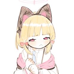 1girl :&lt; animal_ear_headphones animal_ears blonde_hair blue_archive blue_necktie blush cat_ear_headphones closed_mouth collared_shirt crying fake_animal_ears frown half-closed_eyes halo headphones hood hooded_jacket jacket looking_at_viewer low_twintails momoi_(blue_archive) necktie off_shoulder pink_eyes pink_halo sad shinbashi_seiji shirt short_hair simple_background sketch solo tears twintails upper_body white_background white_jacket white_shirt