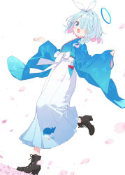 1girl adapted_costume arona_(blue_archive) black_boots blue_archive blue_eyes blue_hair blue_halo blue_kimono blush boots braid colored_inner_hair hair_over_one_eye hakama halo high_heel_boots high_heels highres japanese_clothes kani_biimu kimono long_sleeves looking_at_viewer multicolored_hair open_mouth pink_hair short_hair single_braid smile solo white_hakama wide_sleeves