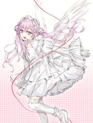 1girl angel_wings collarbone dress female_focus gloves long_hair long_sleeves matching_hair/eyes open_mouth pink_background pink_eyes pink_hair red_string shoes solo solo_focus string teeth the_hundred_line_-last_defense_academy- thighhighs tsukumo_kako twintails upper_teeth_only white_background white_dress white_gloves white_headdress white_shoes white_thighhighs wings