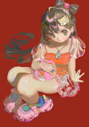 1girl absurdres arm_support ball beachball bow brown_eyes brown_hair closed_mouth commentary english_commentary fashion full_body hair_bow hair_ornament hairpin highres holding holding_ball jewelry long_hair necklace original pink_nails pink_shoes puffy_short_sleeves puffy_sleeves red_background ring saturn_(planet) see-through_clothes see-through_skirt see-through_sleeves shoes short_sleeves sitting skirt smile solo swimsuit tamomoko taro-k thighs