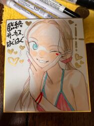 1girl bikini blonde_hair blue_eyes blush facial_mark flat_chest haguhagu_(rinjuu_circus) heart heart_facial_mark highres long_hair looking_at_viewer low_twintails one_eye_closed original photo_(medium) sasha_(haguhagu) shikishi smile solo swimsuit traditional_media twintails v