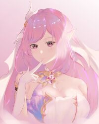 Rule 34 | 1girl, bare shoulders, breasts, cleavage, commentary, corset, elf, elysia (herrscher of human: ego) (honkai impact), elysia (honkai impact), gloves, gradient background, highres, honkai (series), honkai impact 3rd, large breasts, long hair, misoudesu, pink hair, pointy ears, purple eyes, solo, triquetra, upper body, veil, very long hair, white corset, white gloves, white veil