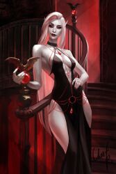 1girl absurdres black_choker black_dress breasts cher-ro choker cleavage dress highres hip_vent long_dress long_hair looking_at_viewer medium_breasts original pale_skin red_eyes signature sleeveless sleeveless_dress solo stairs vampire white_hair