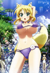 Rule 34 | 10s, 3girls, :o, absurdres, angry, arms behind head, arms up, barefoot, bikini, black hair, blonde hair, blush, breasts, cameltoe, cleavage, closed eyes, cloud, collarbone, covered navel, covering breasts, covering privates, day, dog days, eclair martinozzi, eyebrows, green eyes, green hair, hashidate kana, highres, large breasts, long hair, megami magazine, motion blur, multiple girls, navel, noir vinocacao, non-web source, official art, one-piece swimsuit, open mouth, red eyes, scan, short hair, skindentation, sky, swimsuit, tail, topless female, underboob, wardrobe malfunction, yukikaze panettone