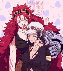 2girls anger_vein black_hair black_shirt breasts buttons chest_tattoo cleavage closed_mouth coat coat_on_shoulders collarbone commentary_request earrings eustass_kid fangs finger_tattoo fur_coat fur_hat genderswap genderswap_(mtf) goggles goggles_on_head gold_earrings hand_on_another&#039;s_shoulder hand_tattoo hand_up hat heart highres jewelry large_breasts long_sleeves looking_at_another looking_at_viewer mechanical_arms medium_hair multiple_girls one_piece open_mouth parted_bangs purple_background red_eyes red_hair scar scar_across_eye scar_on_arm scar_on_face shirt short_hair single_mechanical_arm sleeveless sleeveless_shirt speech_bubble tattoo teeth thought_bubble trafalgar_law translation_request upper_body v-shaped_eyebrows white_hat yakumo_(ykm) yellow_eyes zipper_pull_tab