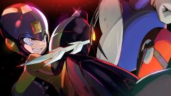 Rule 34 | 1boy, absurdres, arm cannon, black background, black helmet, bodysuit, evil grin, evil smile, fighting, grin, helmet, highres, holding, holding sword, holding weapon, kirby (series), light particles, male focus, mask, mega man (character), mega man (classic), mega man (series), meta knight, nintendo, smile, sparkle, super smash bros., sword, weapon, yasaikakiage, yellow bodysuit, yellow eyes