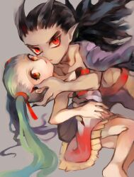 1boy 1girl bare_shoulders barefoot belt black_hair black_nails breasts brown_pants clothes_pull couple dragon_quest dragon_quest_builders_2 dress dress_pull feet_out_of_frame female_builder_(dqb2) fingernails fringe_trim green_hair grey_background hair_horns hair_pulled_back hair_ribbon hand_on_another&#039;s_back hand_on_another&#039;s_cheek hand_on_another&#039;s_face hetero highres hotaro_(bread_fusa) looking_at_viewer looking_to_the_side low_ponytail multicolored_eyes open_mouth orange_eyes pants pointy_ears ponytail purple_shirt red_belt red_dress red_eyes red_ribbon ribbon sharp_fingernails shirt shirt_partially_removed sidoh_(dqb2) small_breasts spiked_hair toned toned_male twintails two-tone_dress white_dress