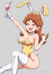 Rule 34 | 1girl, animal ears, bare shoulders, bow, bowtie, breasts, brown hair, canadiananiguy, cleavage, closed mouth, covered navel, crown, cup, detached collar, drinking glass, earrings, flower earrings, gloves, grey background, highres, holding, holding cup, jewelry, large breasts, leotard, long hair, mario (series), nintendo, open mouth, playboy bunny, princess daisy, rabbit ears, rabbit tail, simple background, smile, tail, teeth, thighhighs, white gloves, white thighhighs, yellow leotard
