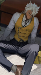 Rule 34 | 1boy, animal ears, black necktie, black pants, brown shoes, collared shirt, commentary request, couch, dark-skinned male, dark skin, diagonal-striped clothes, diagonal-striped necktie, glaring, gold trim, grey socks, grimace, hair over one eye, highres, jack howl, jip, looking at viewer, male focus, necktie, on floor, pants, shirt, shoes, socks, solo, striped clothes, tail, twisted wonderland, vest, white hair, white necktie, white shirt, wolf boy, wolf ears, wolf tail, yellow eyes, yellow vest