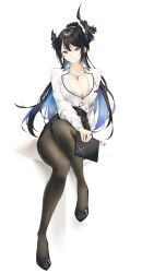 1girl absurdres black_hair black_pantyhose black_shoes black_skirt blue_hair breasts cleavage closed_mouth collared_shirt colored_inner_hair commentary crossed_legs demon_horns earrings full_body high-waist_skirt highres holding hololive hololive_english horns jewelry kyoko_(zeprii4) large_breasts long_hair looking_at_viewer mole mole_under_eye multicolored_hair necklace nerissa_ravencroft nerissa_ravencroft_(casual) office_lady official_alternate_costume official_alternate_hairstyle pantyhose pencil_skirt purple_eyes shirt shirt_tucked_in shoes simple_background skirt smile solo very_long_hair virtual_youtuber white_background white_shirt
