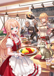 1boy 3girls apron armor blonde_hair brown_gloves bush cherry_tomato closed_eyes closed_mouth commentary_request cup dress drinking_glass food fork frilled_apron frilled_dress frilled_sleeves frills frying_pan gloves green_eyes grey_cat grey_hair highres holding holding_fork holding_tray hood hood_up indoors ketchup long_hair looking_at_viewer mask meat menu mouth_mask multiple_girls omelet omurice open_mouth original plate red_dress red_eyes ribbon-trimmed_sleeves ribbon_trim short_hair short_sleeves smile suzaku_(zaku6584) table textless_version tomato tray waist_apron white_apron wrist_cuffs
