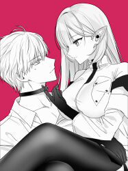 Rule 34 | 1boy, 1girl, absurdres, black choker, black gloves, black thighhighs, breasts, cecil (nikke), choker, commentary request, earpiece, gloves, hand up, highres, johan (nikke), kumo tabetai, large breasts, long hair, looking at another, medium hair, nikke, open clothes, open shirt, partially colored, red background, shirt, simple background, sitting, sitting on lap, sitting on person, thighhighs, white shirt