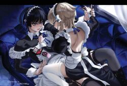 1boy 1girl alternate_costume anger_vein applying_another&#039;s_makeup applying_makeup apron artist_name backless_dress backless_outfit bell black_boots black_dress black_hair black_hairband black_nails black_shoes blonde_hair blunt_ends boots bow choppy_bangs clenched_hand clothes_grab clothes_pull collar comcom_(comcomhey) cosmetics couch crossdressing curtains dress enmaided eyeliner eyeshadow flower frilled_apron frilled_hairband frills garter_belt genshin_impact girl_on_top glaring grey_flower grey_thighhighs hair_bell hair_flower hair_ornament hairband hand_mirror hand_on_another&#039;s_knee holding holding_another&#039;s_wrist holding_lipstick_tube indoors jingle_bell juliet_sleeves lace lace-trimmed_thighhighs lace-up_boots lace_trim lipstick_tube long_sleeves looking_at_another lumine_(genshin_impact) lying maid maid_apron maid_headdress makeup median_furrow mirror multicolored_flower on_back on_couch open_hand partially_shaded_face pinky_out puffy_sleeves purple_eyes red_eyeliner red_eyeshadow red_lips scaramouche_(genshin_impact) shoes short_hair short_hair_with_long_locks shoulder_blades sidelocks sitting sitting_on_person straddling thighhighs tsurime white_apron white_bow white_collar white_flower white_sleeve_cuffs white_thighhighs window yellow_eyes